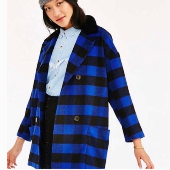 Alice & Urban Oputfitters Blue Buffalo Check Pea Coat ✨Ladies Size S Wool Blend - Picture 2 of 11